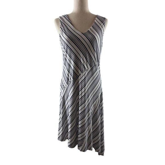 Soma Asymmetrical Hem Midi Dress Stocking Stripe Medium Navy White Rayon Stretch - Picture 1 of 9